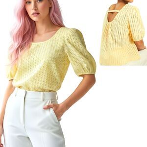 New Loft Eyelet Cutout Back Bubble Sleeve Top Butter Yellow
